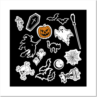 Halloween pattern, pumpkin, witch, skull, ghost, coffin, bats, moon, skeleton, horror stickers Posters and Art